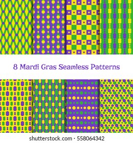 Set of 8 Mardi gras seamless patterns. Fat Tuesday backgrounds. Carnival or party design with beads, diamonds, dots, chessboard in yellow, green and purple. Pattern swatches included in Swatch panel.