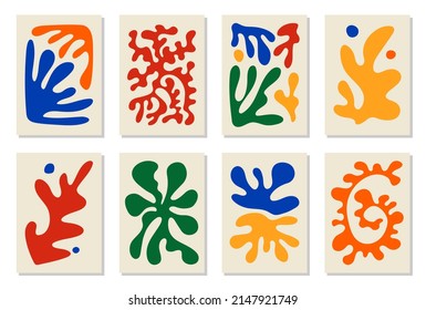 Set of 8 Matisse inspired wall art posters, brochure, flyer templates, contemporary collage. Organic line abstract pattern, hand drawn design, simple wallpaper. Dynamic shapes graphic vintage vector