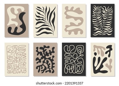 Set of 8 Matisse inspired wall art posters, brochure, flyer templates, contemporary collage. Organic one line abstract hand drawn design, wallpaper. Dynamic shapes graphic vintage vector