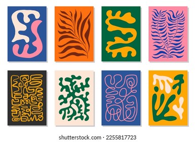 Set of 8 Matisse inspired wall art posters, brochure, flyer templates, contemporary collage. Organic line abstract pattern, hand drawn design, simple wallpaper. Dynamic shapes graphic vintage vector