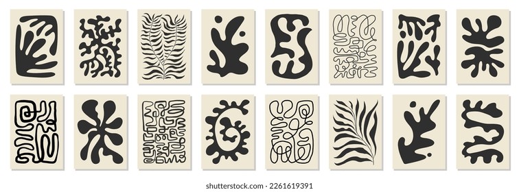 Set of 8 Matisse inspired wall art posters, brochure, flyer templates, contemporary collage. Organic one line abstract hand drawn design, wallpaper. Dynamic shapes graphic vintage vector