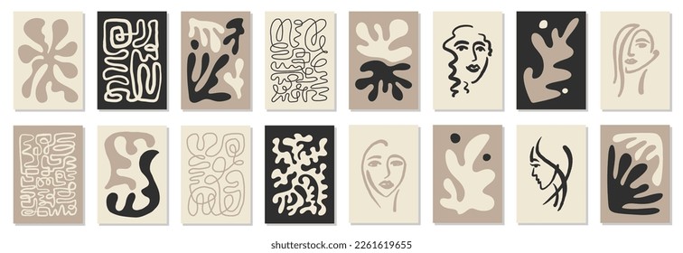 Conjunto de 8 carteles de arte mural inspirados en Matisse, folleto, plantillas de volante, collage contemporáneo. Diseño biológico de una línea abstracto a mano, fondo de pantalla. Vector vintage de formas dinámicas