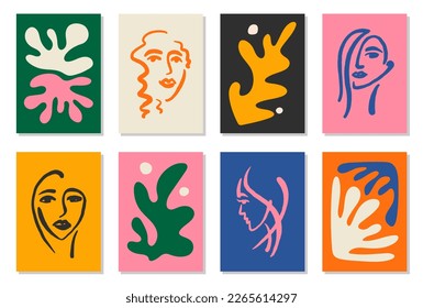 Set of 8 Matisse inspired wall art posters, brochure, flyer templates, contemporary collage. Organic line abstract pattern, hand drawn design, simple wallpaper. Dynamic shapes graphic vintage vector