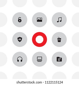 Set of 8 media icons set. Collection of padlock, spam, quaver and other elements.