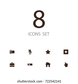 Set Of 8 Media Icons Set.Collection Of Forbidden, Plus, Presentation And Other Elements.