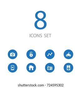 Set Of 8 Media Icons Set.Collection Of Photo Apparatus, Amplifier, Unlock And Other Elements.