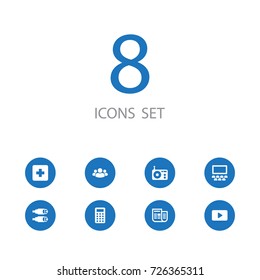 Set Of 8 Media Icons Set.Collection Of Tuner, Plus, Newspaper And Other Elements.