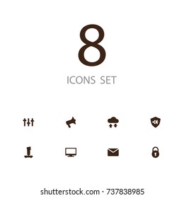 Set Of 8 Media Icons Set.Collection Of Connection, Bullhorn And Other Elements.