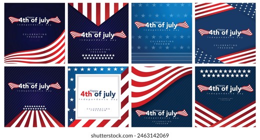 set of 8 mega collection bundle Independence Day social media post banner. 4th of July United States Independence Day celebration promotion advertising social media post banner, poster, card.