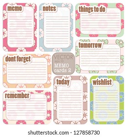 Set of 8 memo card designs  for scrap booking and design projects, all elements on separate layers for easy adjustments.
