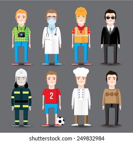 Set of 8 men's professions: photographer, doctor, worker, security guard, fireman, footballer, chef, manager. Vector flat design. 