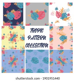 SET of 8 minimal floral pattern in scandinavian style. Abstract monstera flowers seamless pattern. Tropical houseplant. Nordics artwork