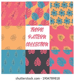 SET of 8 minimal floral pattern in scandinavian style. Abstract monstera flowers seamless pattern. Tropical houseplant. Nordics artwork