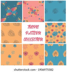 SET de 8 patrones florales mínimos al estilo escandinavo. Resumen de las flores monsteras sin costura. Hogar tropical. Obra de arte de los nórdicos