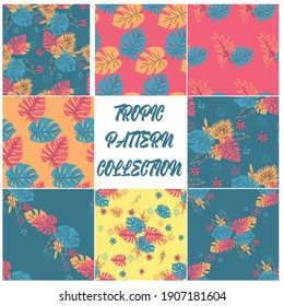 SET of 8 minimal floral pattern in scandinavian style. Abstract monstera flowers seamless pattern. Tropical houseplant. Nordics artwork