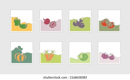 Set of 8 minimal vector illustrations of vegetables - bell pepper, onion, eggplant, tomato, pumpkin, carrot, cabbage, garlic