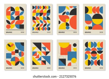 Set of 8 minimal vintage 20s geometric design posters, wall art, template, layout with primitive shapes elements. Bauhaus retro pattern background, vector abstract circle, triangle and square line art