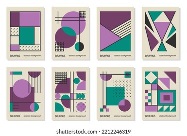 Set of 8 minimal vintage 20s geometric design posters, wall art, template, layout with primitive shapes elements. Bauhaus retro pattern background, vector abstract circle, triangle and square line art