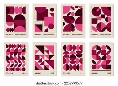 Set of 8 minimal vintage 20s geometric design posters, wall art, template, layout with primitive shapes. Bauhaus pink magenta retro pattern background, vector abstract circle, triangle and square