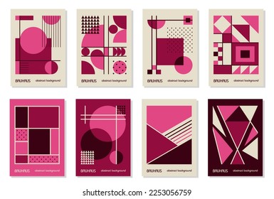 Set of 8 minimal vintage 20s geometric design posters, wall art, template, layout with primitive shapes. Bauhaus pink magenta retro pattern background, vector abstract circle, triangle and square