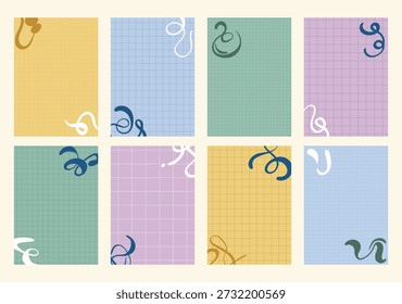 Ein Set von 8 minimalistischen, pastellfarbenen, karierten Papierhintergründen. Verschiedene Raster-, Linien- und Diagrammmuster mit einfachen handgezeichneten Akzentlinien. Perfekt für digitale Planer.