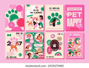 Set of 8 minimalist posters for dog walking services. Pet care, feeding, home visits. The design is ideal for both dog walking services and individuals