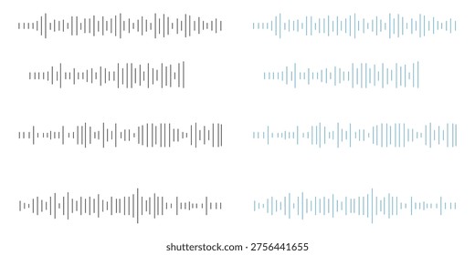 Set of 8 minimalist sound wave vector illustrations in light grey and blue, ideal for audio technology, music player interfaces, and podcast designs.