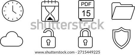 Set of 8 minimalist UI icons. Features time management, file organization, and security symbols: clock, hourglass calendar, PDF file, folder, cloud storage, open or closed padlocks, and safety shield.