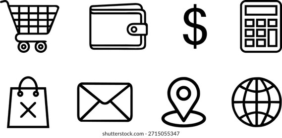 Satz von 8 minimalistischen UI-Linien-Symbolen. Beinhaltet Warenkorb, Geldbörse, Dollarzeichen, Taschenrechner, Einkaufstasche, E-Mail-Umschlag, Kartenstandort-Pin und Globus. Vektorgrafik für Web- und mobile Apps.