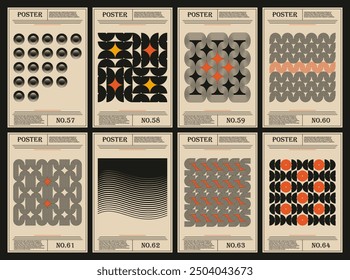 Set of 8 minimalistic geometric posters with postmodern vector designs. Features bold circular and linear geometric shapes in black and orange. Ideal for web backgrounds, poster art and cover artwork.