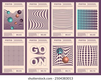 Conjunto de 8 posters geométricos minimalistas con diseños de Vector posmodernos. Presenta Formas abstractas, líneas dinámicas y tipografía en negrita. Ideal para fondos de Web, arte de póster y portada.