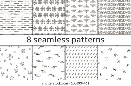 Set of 8 Modern abstract simple vector seamless patterns with monochrome trellis.