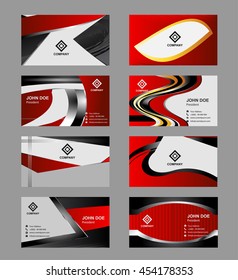 Set of 8 modern business card templates. Business cards with company logo. Clean flat design. Red and black colors. Vector illustration
