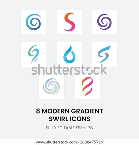 Set of 8 modern gradient swirl logo icons in vector format. Ideal for branding, tech startups, apps, and web. Editable EPS + high-res JPG included. Clean, abstract, and colorful design.