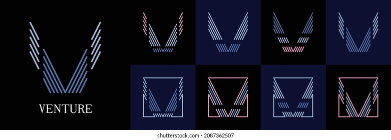 Set of 8 modern letter logo V in stripes or line art style. Beautiful logotype designs for luxury company branding. EPS10