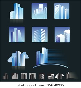 Set of 8 modern stylized skyscraper icons.