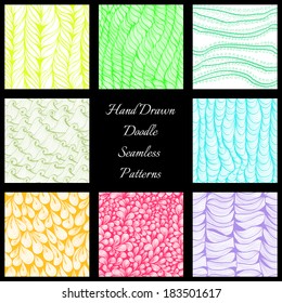Set of 8 monochrome hand drawn striped doodle seamless patterns
