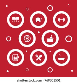 Set Of 8 Motel Icons Set.Collection Of Wall Cooler, Chiller, Currency And Other Elements.