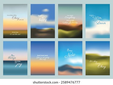 Set of 8 motivational posters with blurred landscapes and inspirational quotes. Calm colors, uplifting words. Motivational quotes, serene backgrounds. Motivational quote poster template vectors.