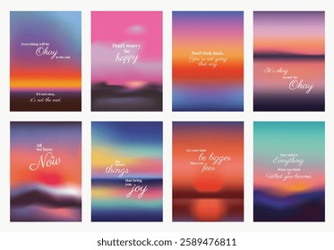 Set of 8 motivational posters with colorful, blurred backgrounds. Each poster features inspirational quotes, promoting positivity and happiness. Pink sky positivity quote poster template vectors.