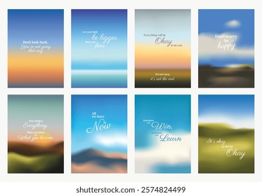 Set of 8 motivational posters with inspirational quotes. Blurred landscapes in the background. Themes: hope, faith, happiness, learning, and growth. Motivational quote poster template vectors.