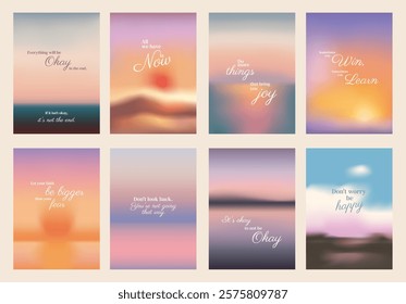 Set of 8 motivational posters. Inspirational quotes in elegant fonts. Themes of joy, learning, and happiness. Uplifting and positive designs. Pastel inspirational quote poster template vectors.