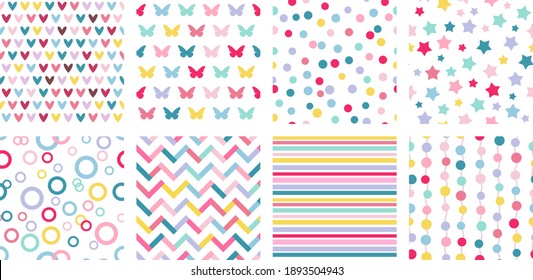 set of 8 multicolored cute seamless patterns. Hearts, butterflies, polka dot, Zigzag, striped, Stars, confetti. Vector illustration for wrapping paper, scrappbooking paper, post card and fabric.