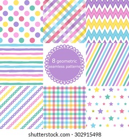 set of 8 multicolored geometric seamless patterns, polka dot backgrounds, Zigzag, striped, Stars, checkered. Vector illustration.