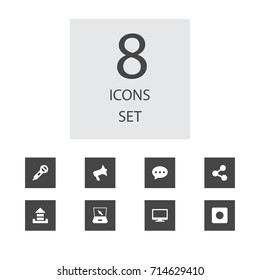 Set Of 8 Multimedia Icons Set.Collection Of Bullhorn, Rec Button, Notebook And Other Elements.