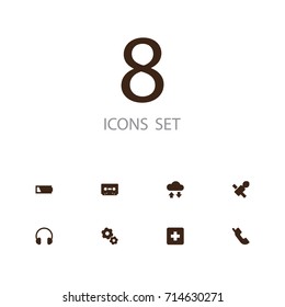 Set Of 8 Multimedia Icons Set.Collection Of Low Battery, Earphone, Satellite And Other Elements.