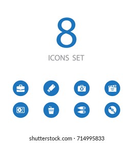 Set Of 8 Multimedia Icons Set.Collection Of Photo Apparatus, Flash Drive, Turntable And Other Elements.