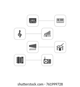 Set Of 8 Music Icons Set.Collection Of Percussion, Tape, Harmonica And Other Elements.