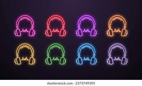 A set of 8 neon bright glowing shiny icons with headphones in the colors blue, yellow, green, orange, purple, pink, white and red on a dark background. A concept for music and cyber sports.