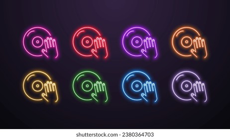 A set of 8 neon bright hand icons with a DJ record in different colors on a dark background.